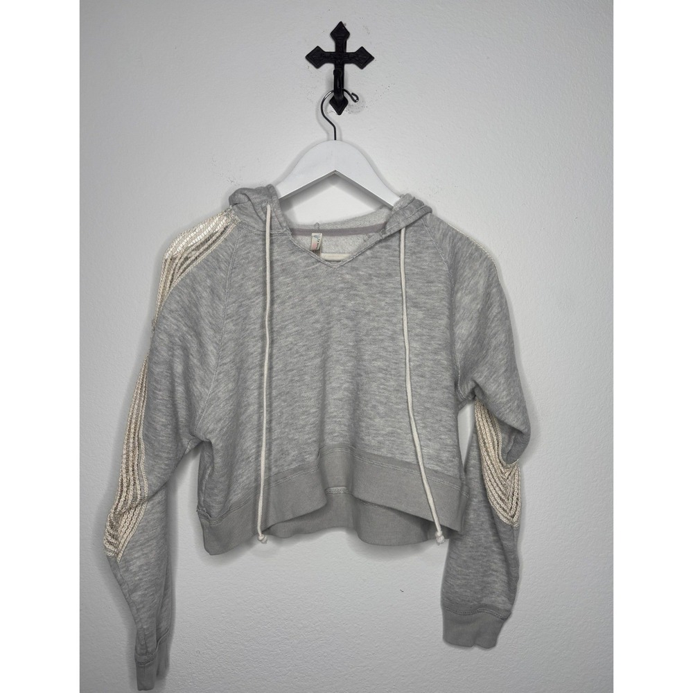 Free People Gray Cropped Hoodie with Cream Beaded Sleeve Detail